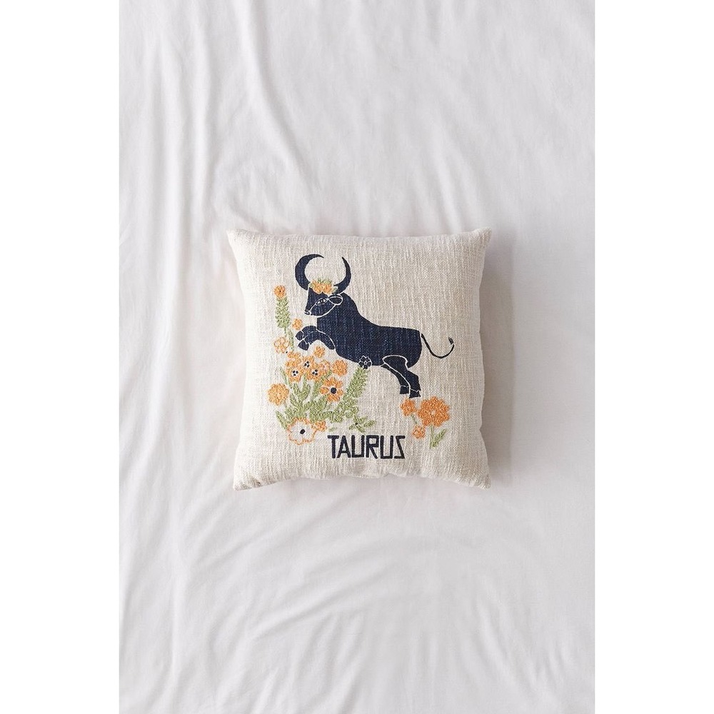 Urban Outfitters Taurus Embroidered Pillow Zodiac Bull Floral Cotton Cushion